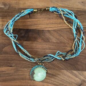 Elegant Multilayered Beaded Blue and Gold Necklace